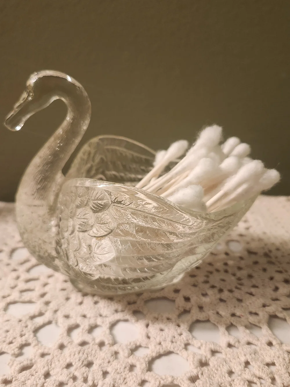 Vintage Imperial Clear Glass Swan Candle Holder/QTip Holder/Match Holder